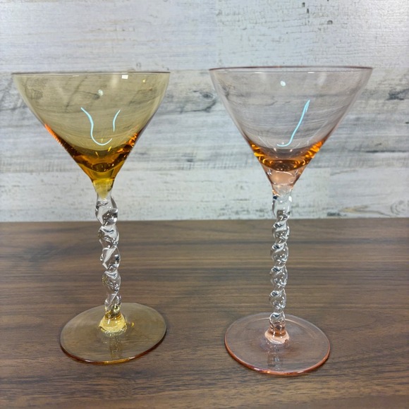 Unmarked Other - Vintage Martini Glasses Bohemian Style with Twisted Stems Mid Century Lot of Two